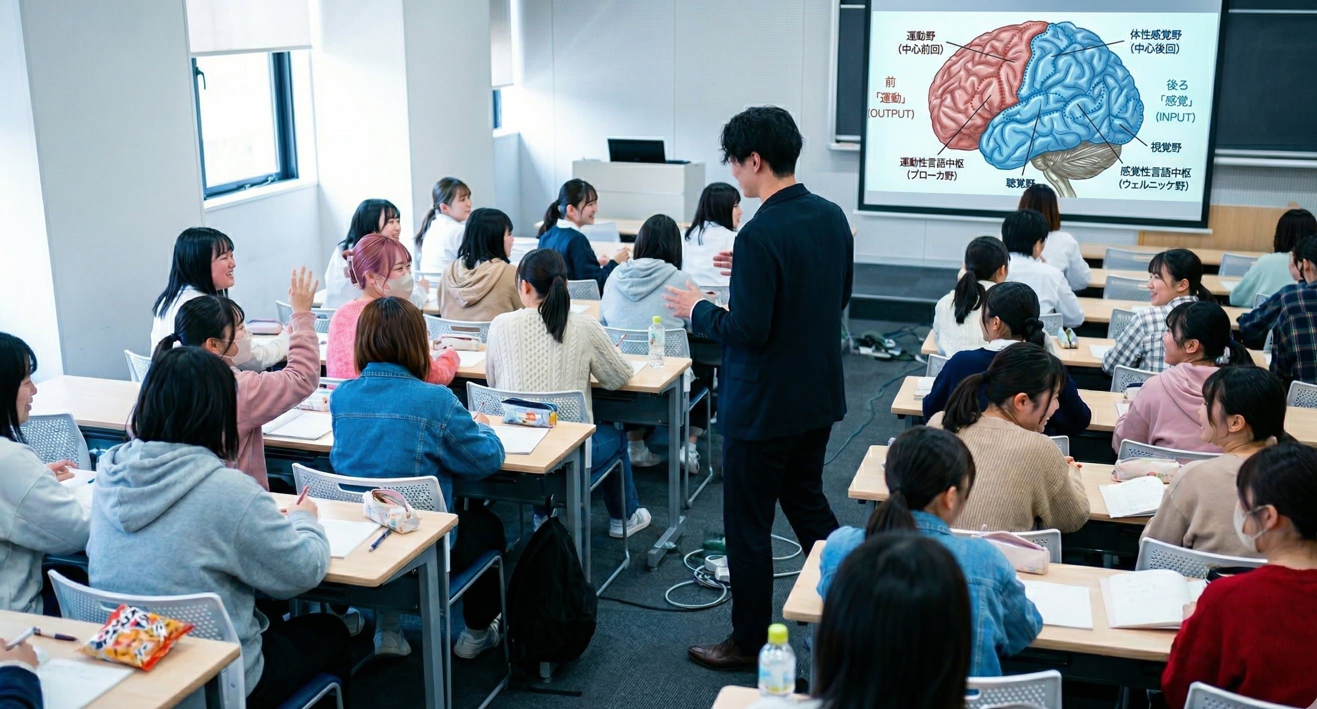 WING先生の出張講義の様子 — 講師が学生の間を歩きながら、参加型の講義を行っている