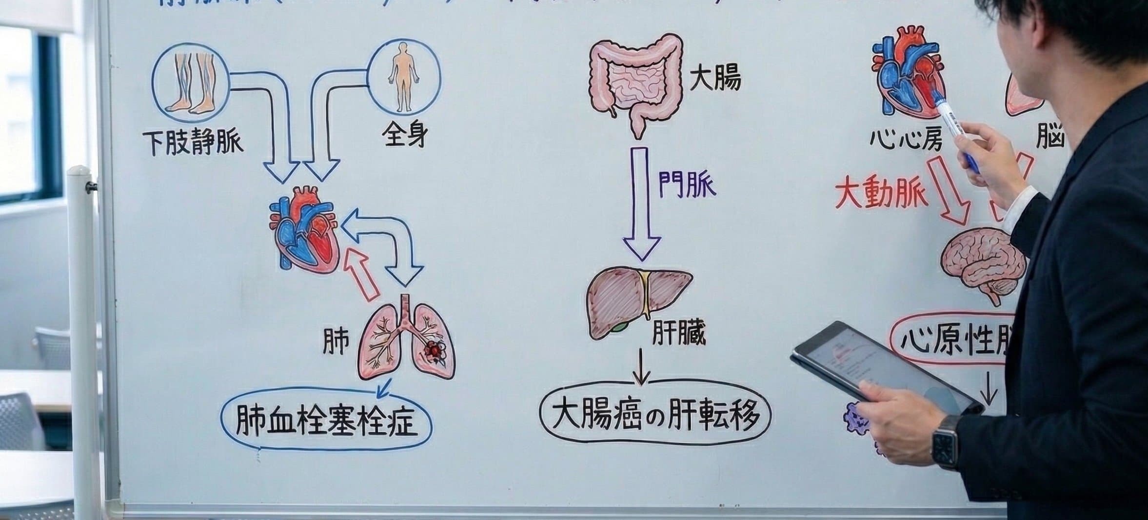 ホワイトボードに描かれた循環経路のフローチャート — 解剖から病態、看護まで知識がつながる講義の板書