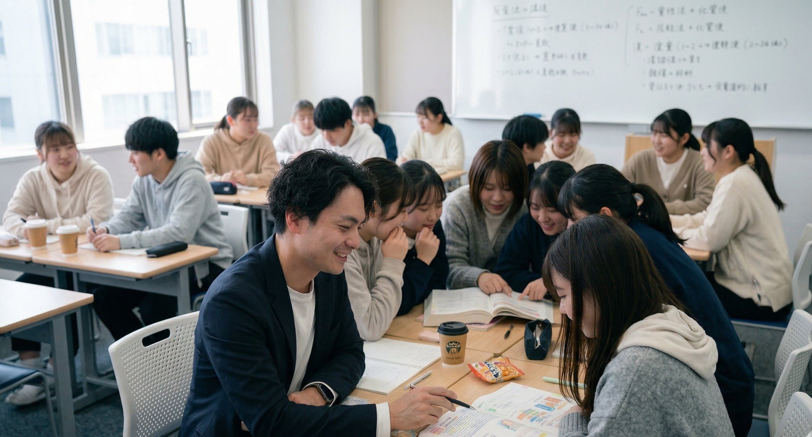 YDK演習の様子 — 講師が学生の横に座り、テキストを一緒に見ながら指導している